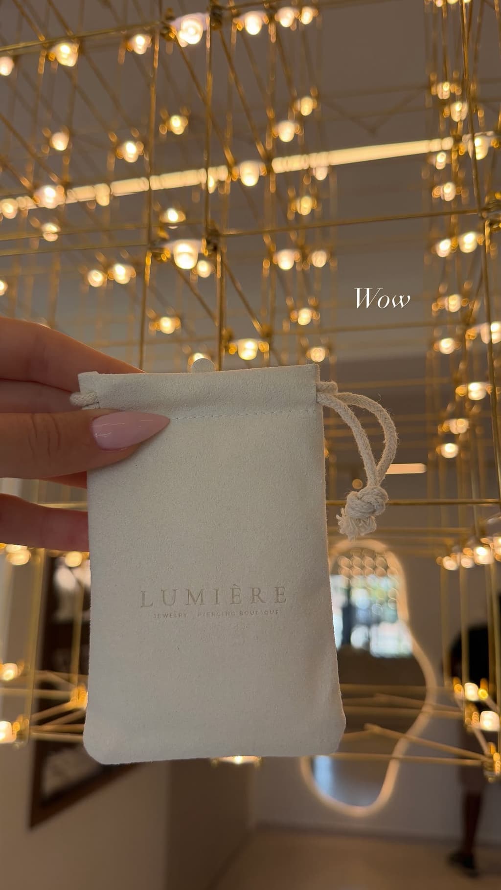 שקית קטיפה ממותגת של Lumiere by Liem מוחזקת מתחת לתאורת הפליז